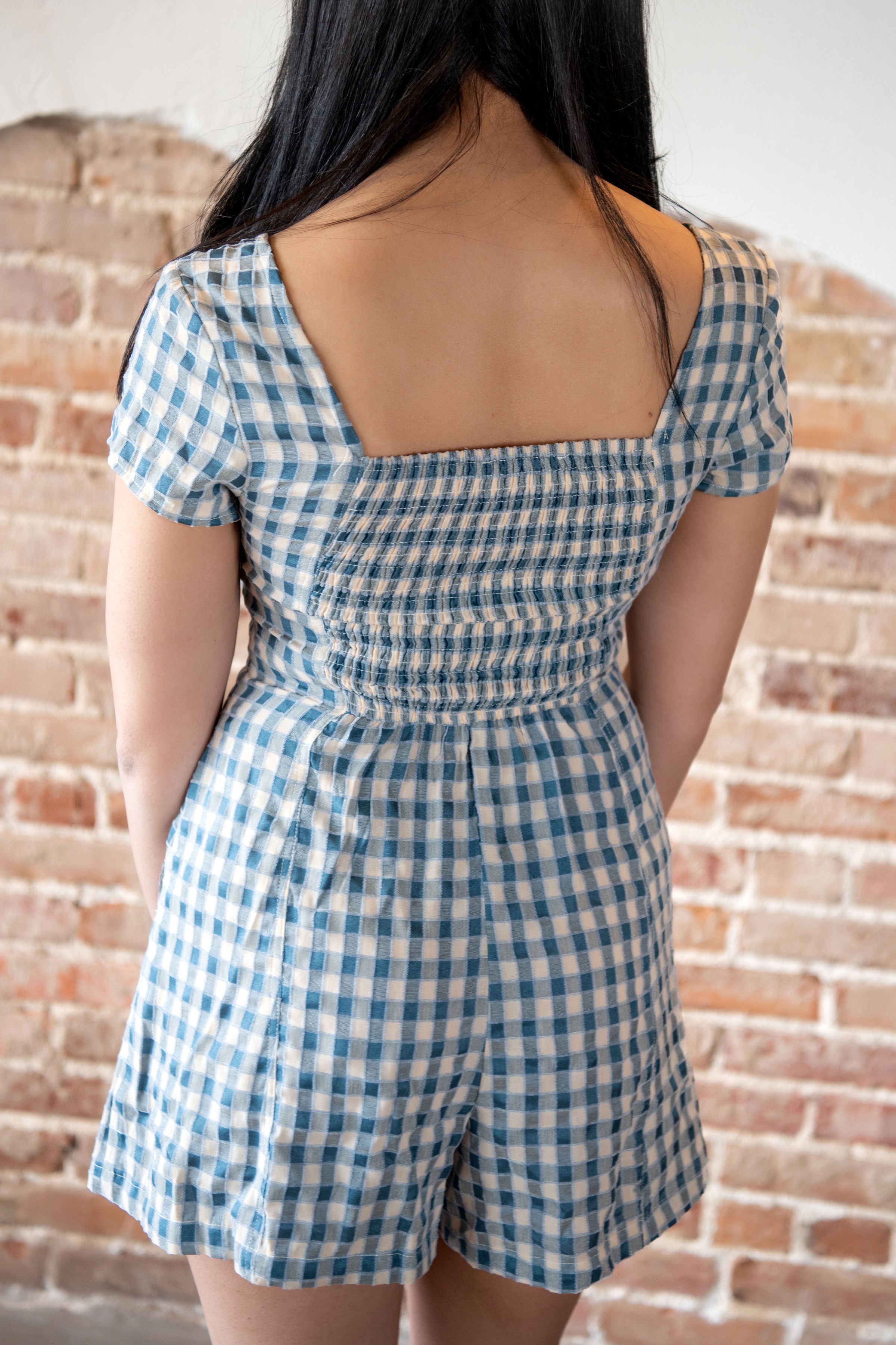 The Plaid Button Front Romper, Lagoon Blue